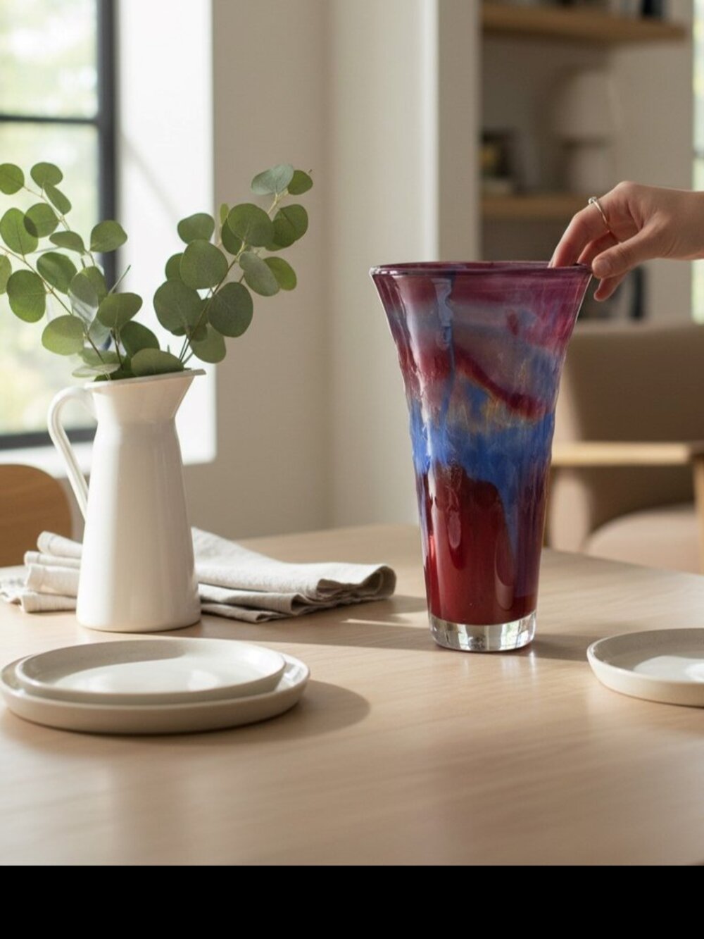Hand-Painted Acrylic Pour Vase, Red Blue Gold Abstract Art Home Décor
